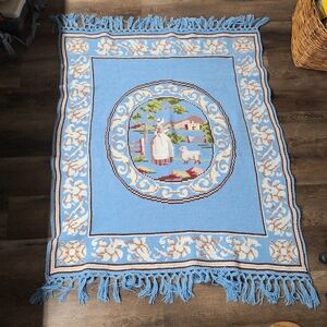 Vintage Hand Crafted "Little Bo Peep" Crocheted and Fringed Afghan-Wool Blend